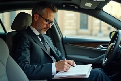 Notaire organisant documents dans une voiture à Limoges