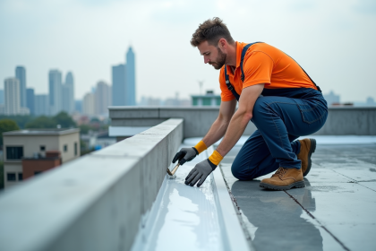 Ouvrier couvreur appliquant une membrane sur un toit moderne