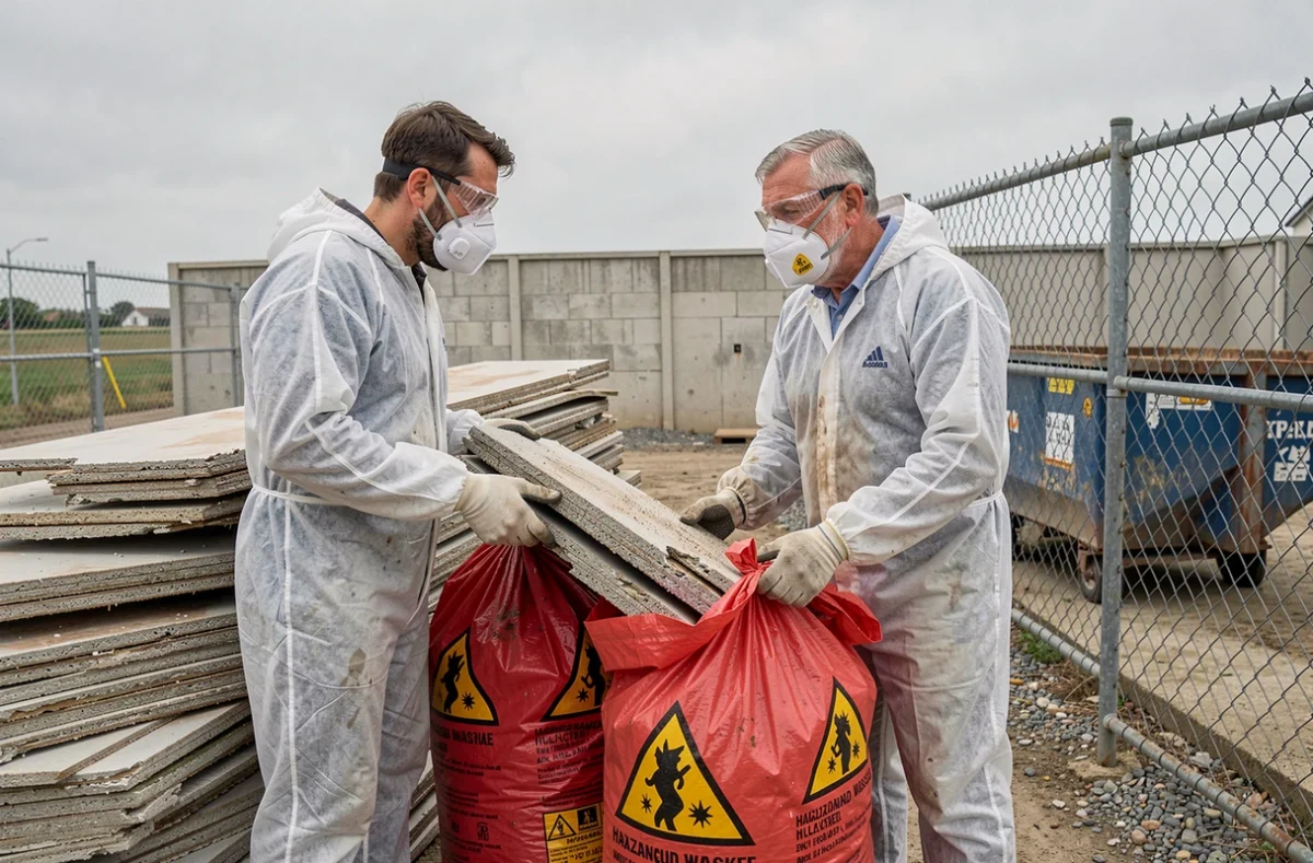 Deux ouvriers en équipement de protection conditionnant des plaques en fibrociment amiantées dans des sacs de déchets dangereux sur chantier