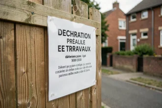 Panneau de déclaration préalable de travaux affiché sur une clôture de chantier devant une maison individuelle