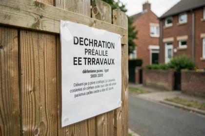 Panneau de déclaration préalable de travaux affiché sur une clôture de chantier devant une maison individuelle