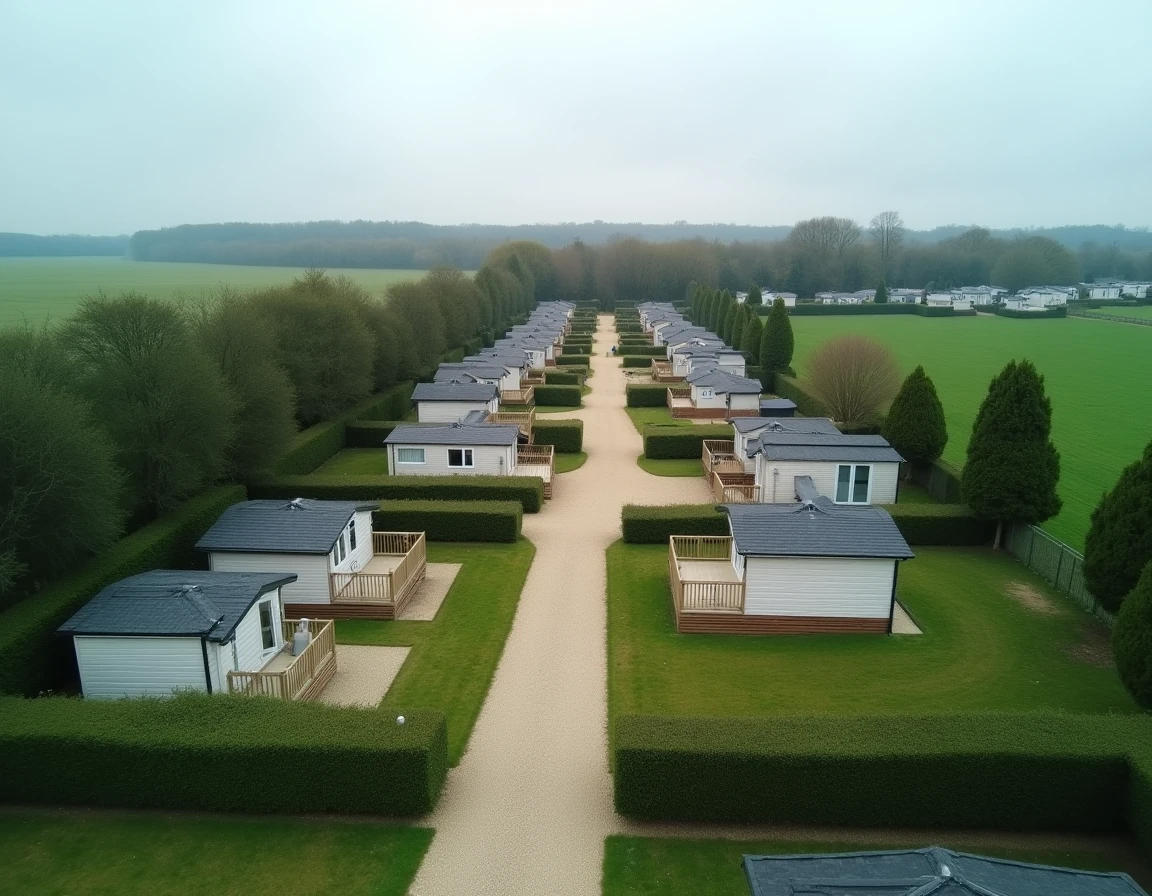 Vue panoramique d'un parc résidentiel de loisirs en Vendée avec parcelles et chalets entourés de végétation
