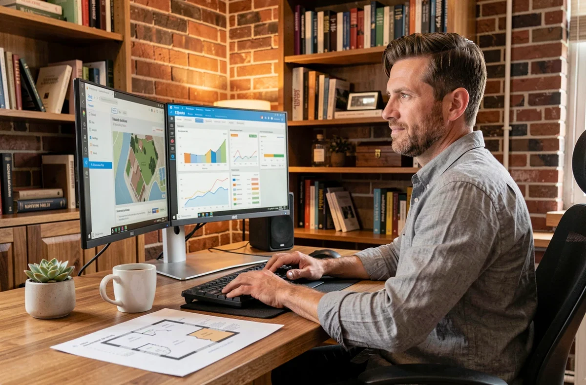 Homme utilisant un logiciel d'estimation immobilière sur double écran depuis un bureau à domicile