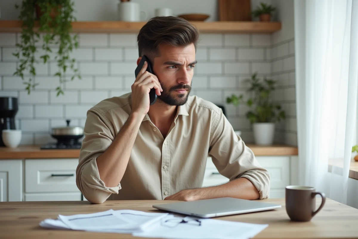 Personne assise à une table de cuisine consultant des brochures juridiques et téléphonant pour obtenir des conseils d'un notaire ou d'un avocat
