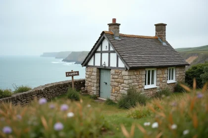 Petite maison normande en pierre à vendre avec vue mer sur falaise, panneau À Vendre dans le jardin en Normandie