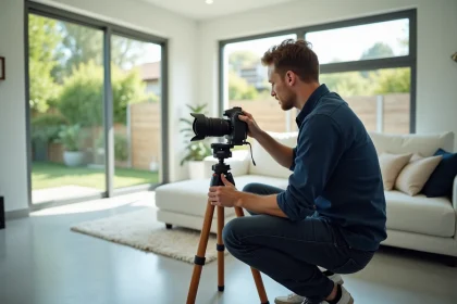 Photographe immobilier installant une caméra 360 degrés sur trépied dans un salon moderne pour une visite virtuelle