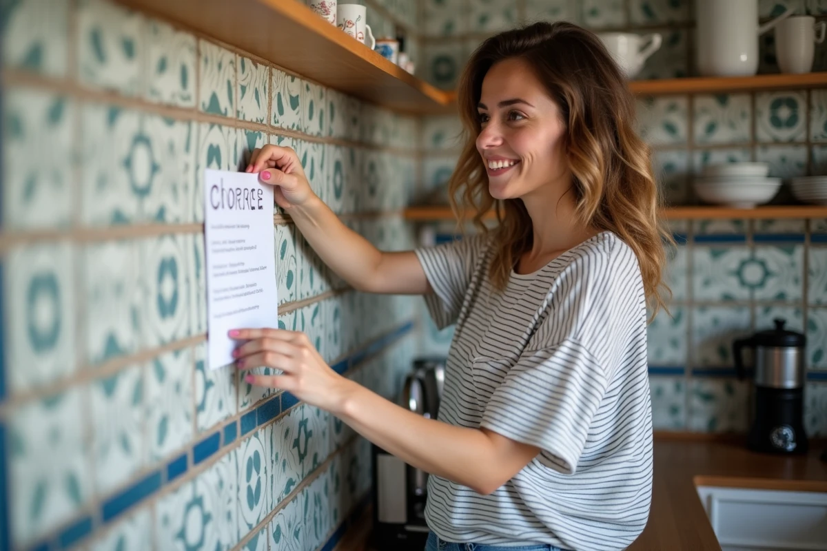 Jeune femme affichant un planning de tâches ménagères dans une cuisine partagée d'un appartement barcelonais