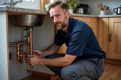 Plombier homme examinant des tuyaux en cuivre sous l'évier