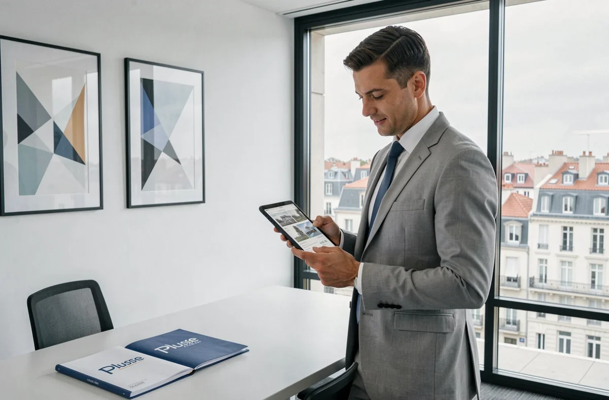 Professionnel de l'agence Plusse consultant des annonces immobilières dans ses bureaux à Lyon