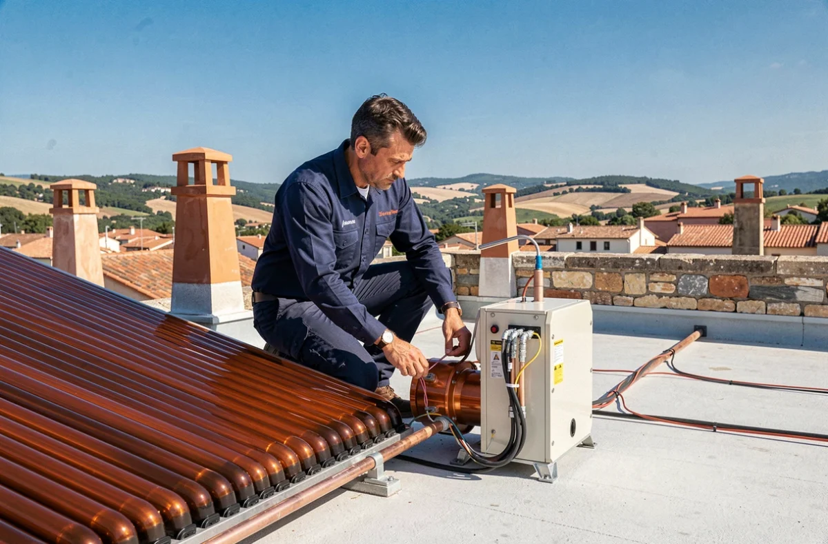 Technicien de Pro Energies Nouvelles raccordant des capteurs solaires thermiques sur un toit-terrasse à Pézenas
