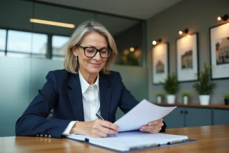 Professionnelle de l'immobilier consultant un registre de copropriété dans un bureau moderne, illustrant la valorisation d'un bien à la revente