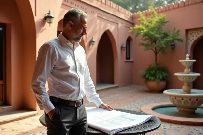 Promoteur immobilier étudiant des plans architecturaux sur la terrasse d'une villa traditionnelle à Marrakech
