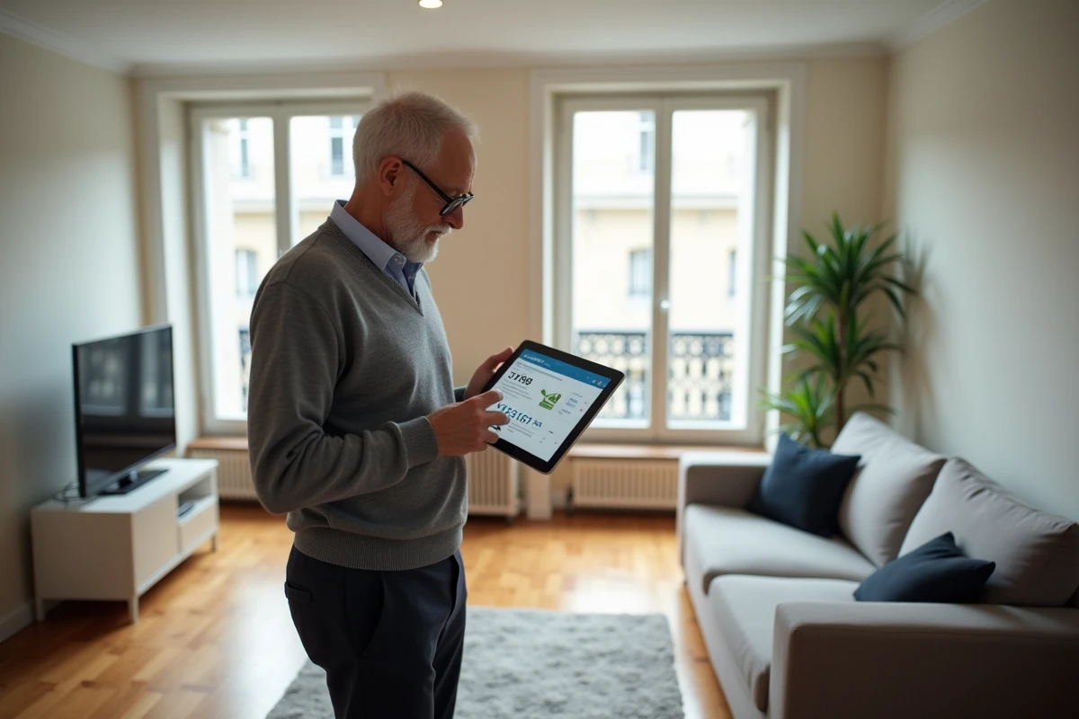 Propriétaire bailleur consultant des avis sur la gestion locative Orpi Invest Immo depuis sa tablette dans un appartement