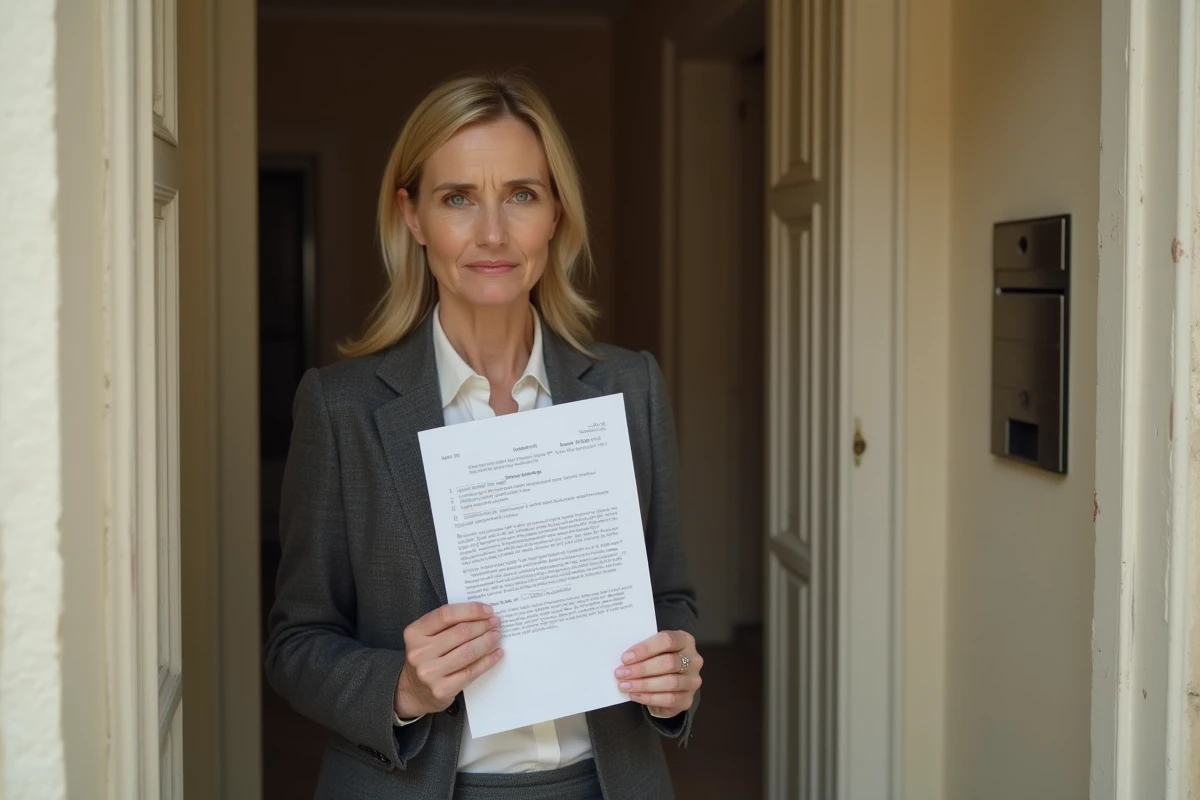 Propriétaire bailleurs tenant un congé pour reprise notifié au locataire devant la porte d'un appartement résidentiel