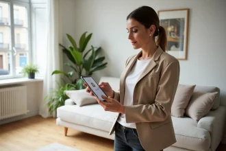 Propriétaire immobilier consultant des profils de locataires sur une tablette dans un appartement moderne bien décoré