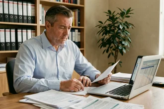 Propriétaire immobilier consultant des documents fiscaux liés au dispositif Scellier intermédiaire à son bureau