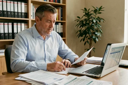 Propriétaire immobilier consultant des documents fiscaux liés au dispositif Scellier intermédiaire à son bureau