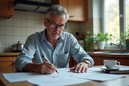 Propriétaire étudiant des documents juridiques sur un vice caché immobilier à la table de sa cuisine