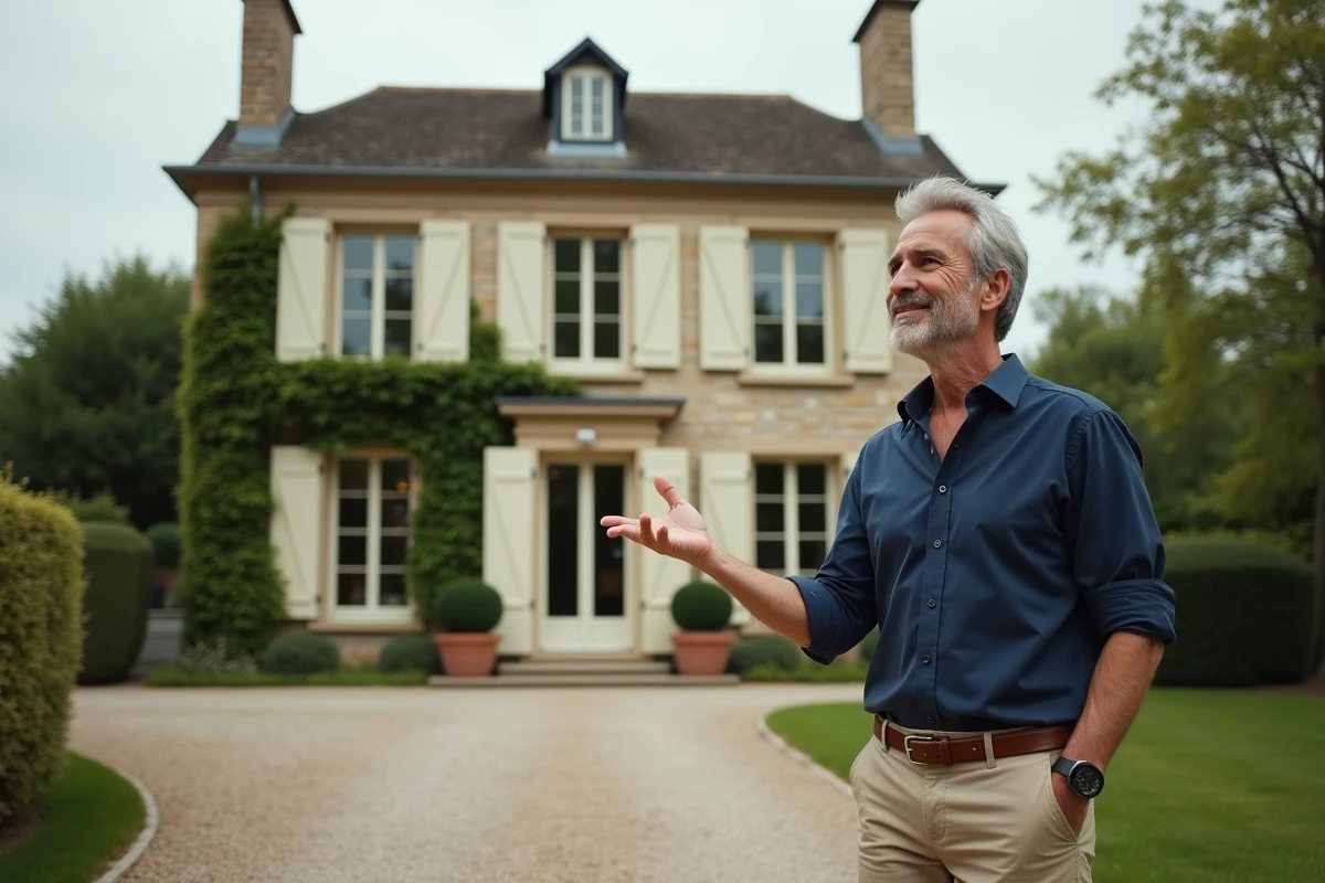 Propriétaire présentant sa maison individuelle en pierre à un potentiel locataire dans un quartier résidentiel calme
