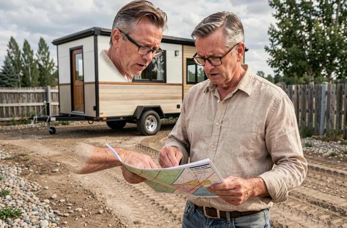 Homme consultant un plan d'urbanisme devant une tiny house sur roues posée sur un terrain en zone agricole