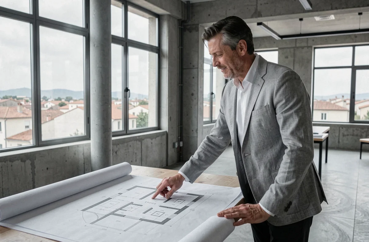 Professionnel de Quadrimm étudiant un plan de résidence dans un bureau design