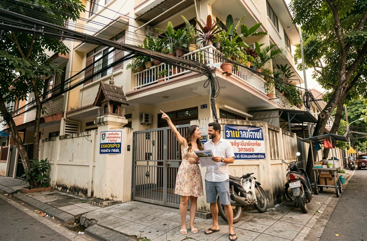 Couple francophone visitant un immeuble résidentiel à louer dans le quartier Ari de Bangkok avec annonce immobilière en main