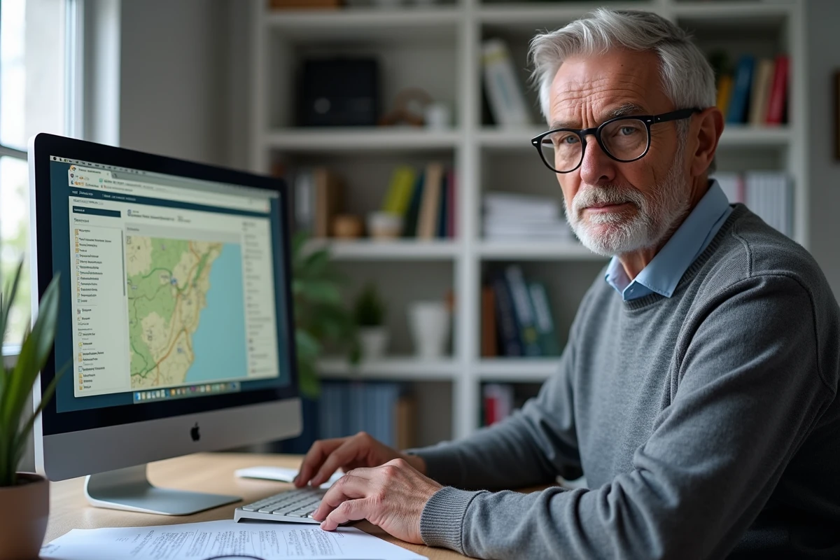 Homme recherchant le propriétaire d'une parcelle sur le site du cadastre en ligne depuis son bureau