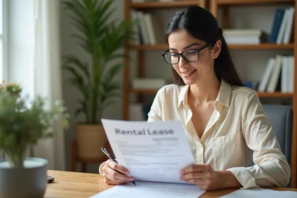 Femme relisant un bail locatif à son bureau avec stylo, vérification des abréviations dans un contrat de location