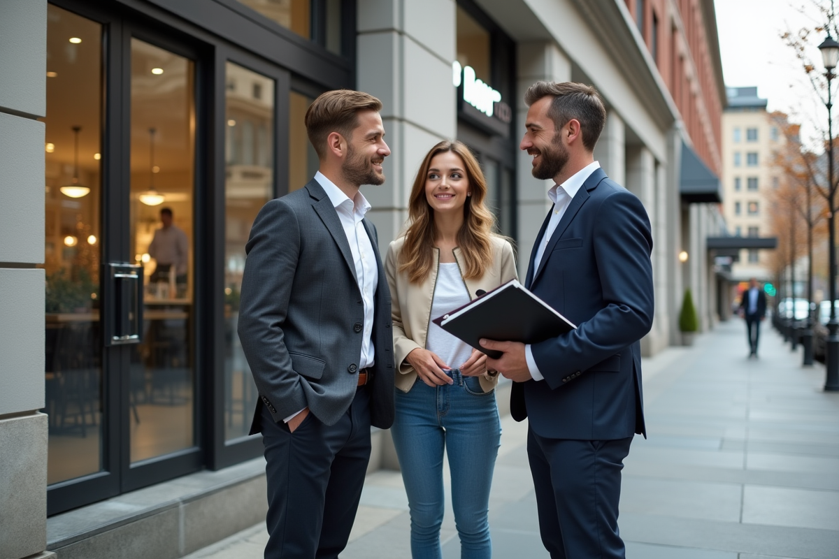 Jeune couple rencontrant un professionnel devant une agence immobiliere