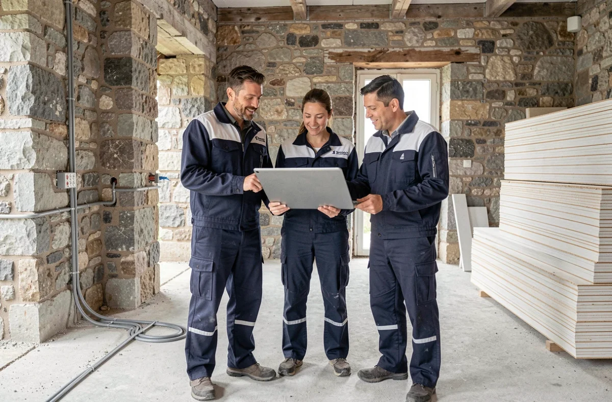 Équipe de Renoolab consultant un plan de rénovation globale sur tablette dans une maison en cours de travaux à Clermont-l'Hérault