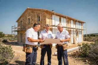 Équipe de rénovation énergétique devant une maison en pierre typique de l'Hérault avec plans et échafaudages