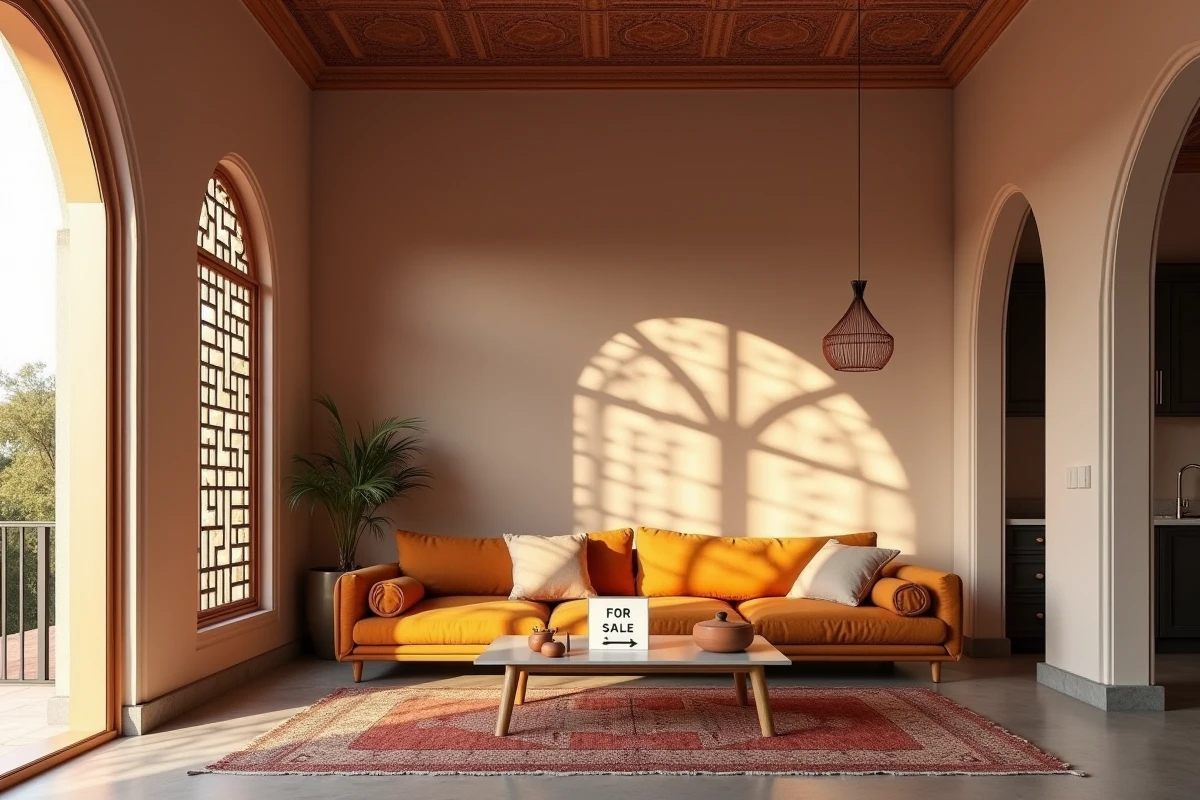 Salon élégant d'un appartement marocain rénové à Marrakech proposé à la vente pour investissement locatif
