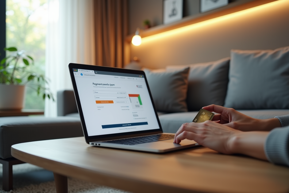 Salon moderne avec ordinateur et carte bancaire pour paiement