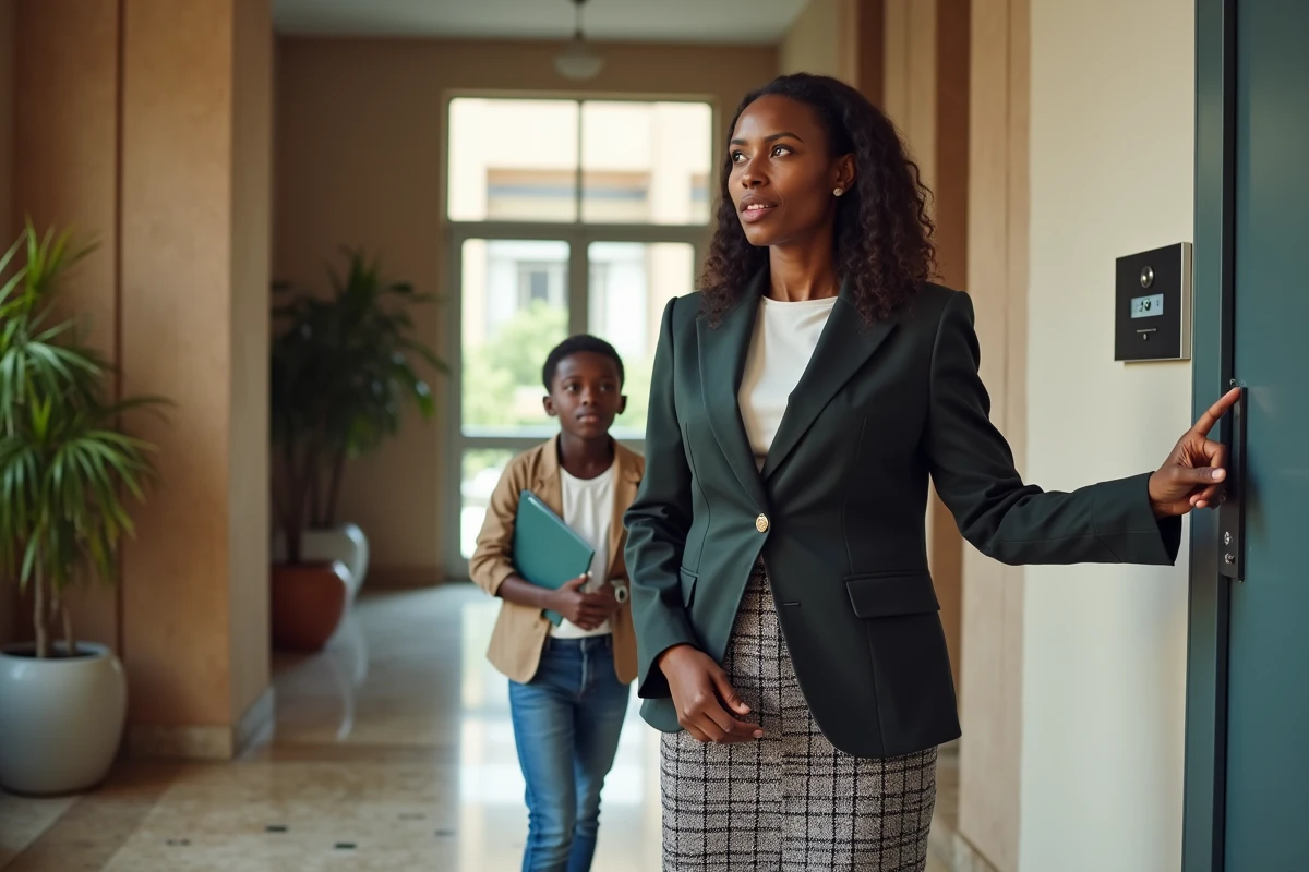 Femme ivoirienne vérifiant la sécurité dans un hall d