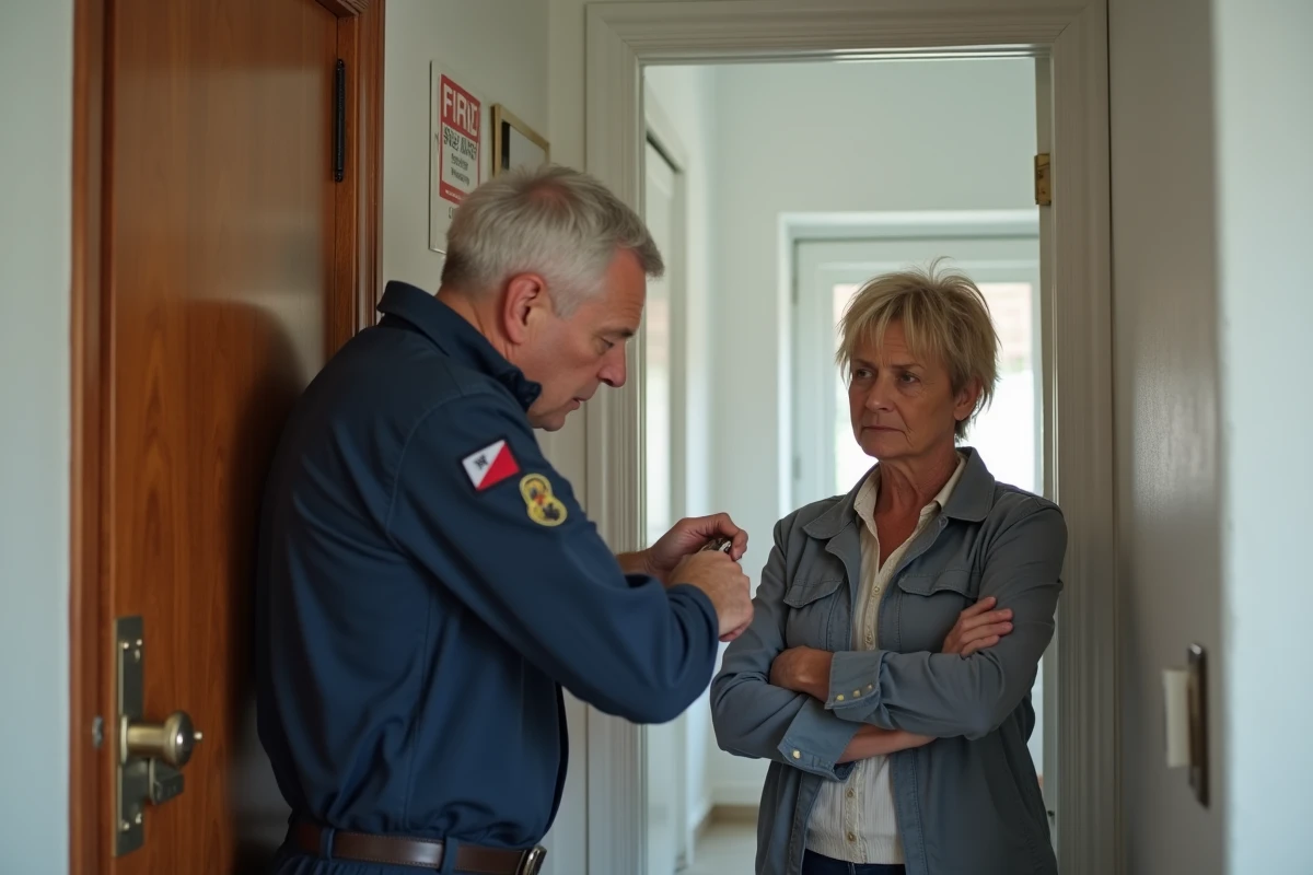 Serrurier installant une nouvelle serrure sur une porte d'appartement sous le regard d'une locataire inquiète