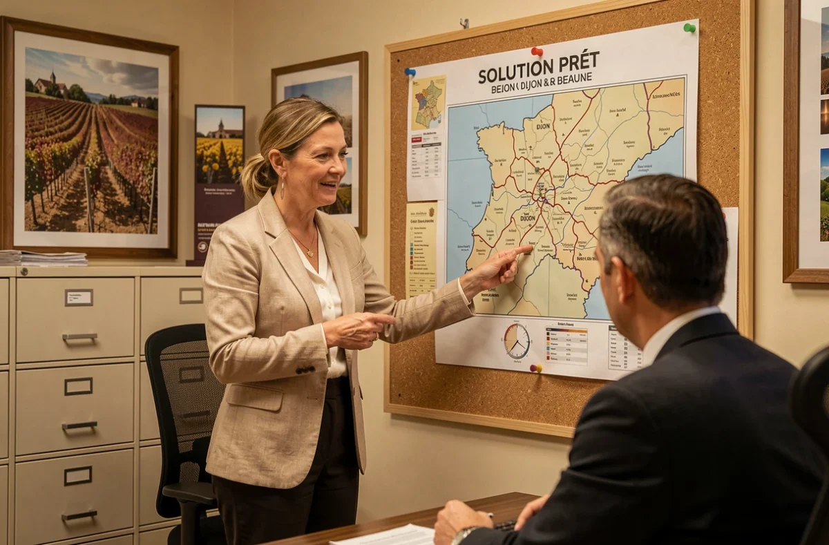 Courtière Solution Prêt expliquant les options de financement à Dijon et Beaune avec une carte régionale