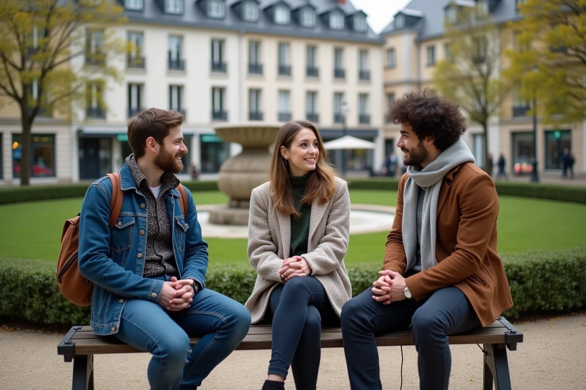 Groupe de personnes discutant dans un square de quartier à Metz, architecture résidentielle en fond