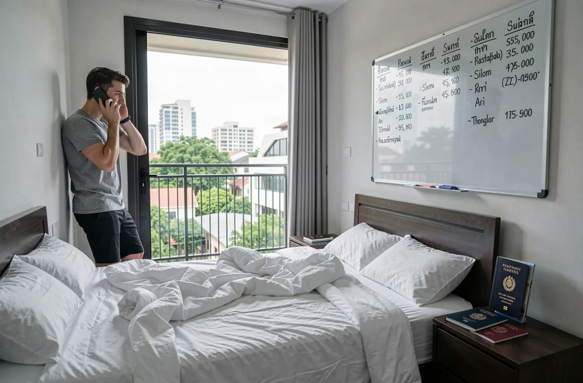 Expatrié francophone dans une chambre de studio à Bangkok organisant sa recherche d'appartement avec notes de quartiers et documents