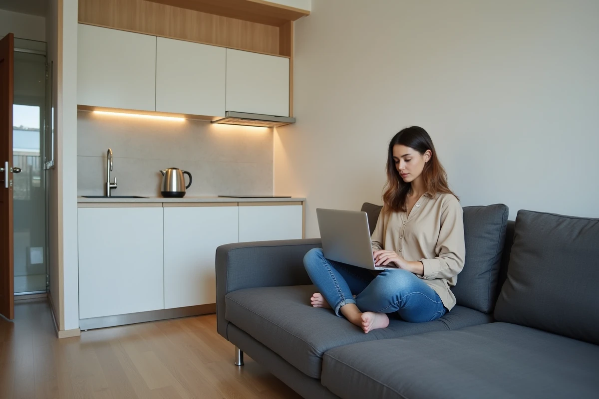 Studio moderne de petite taille avec canapé-lit, kitchenette et jeune femme consultant des documents sur un ordinateur portable