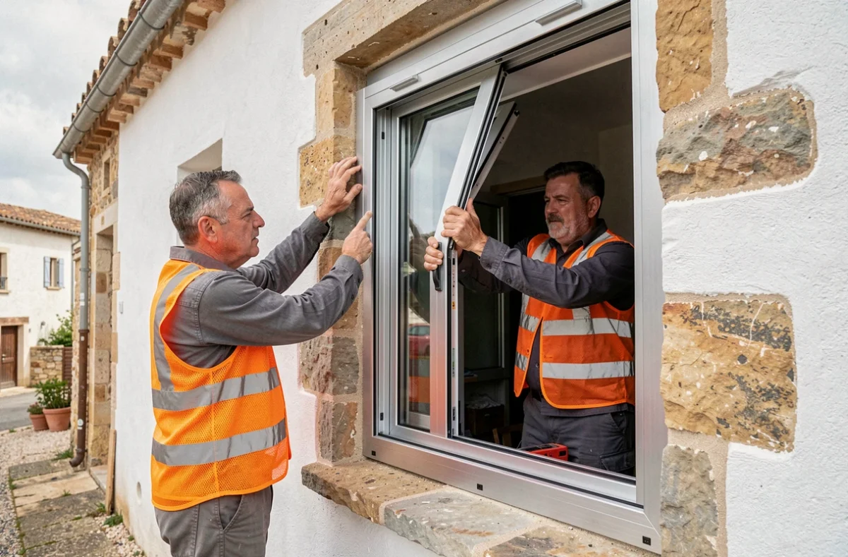 Installateurs de Sud Alu posant une fenêtre en aluminium double vitrage sur une maison en pierre rénovée dans l'Hérault