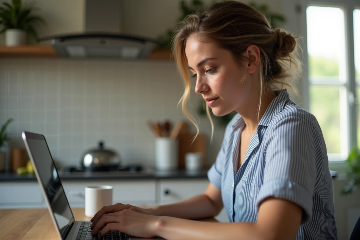 Jeune femme suivant l'état de son dossier administratif 3233-SD en ligne depuis chez elle
