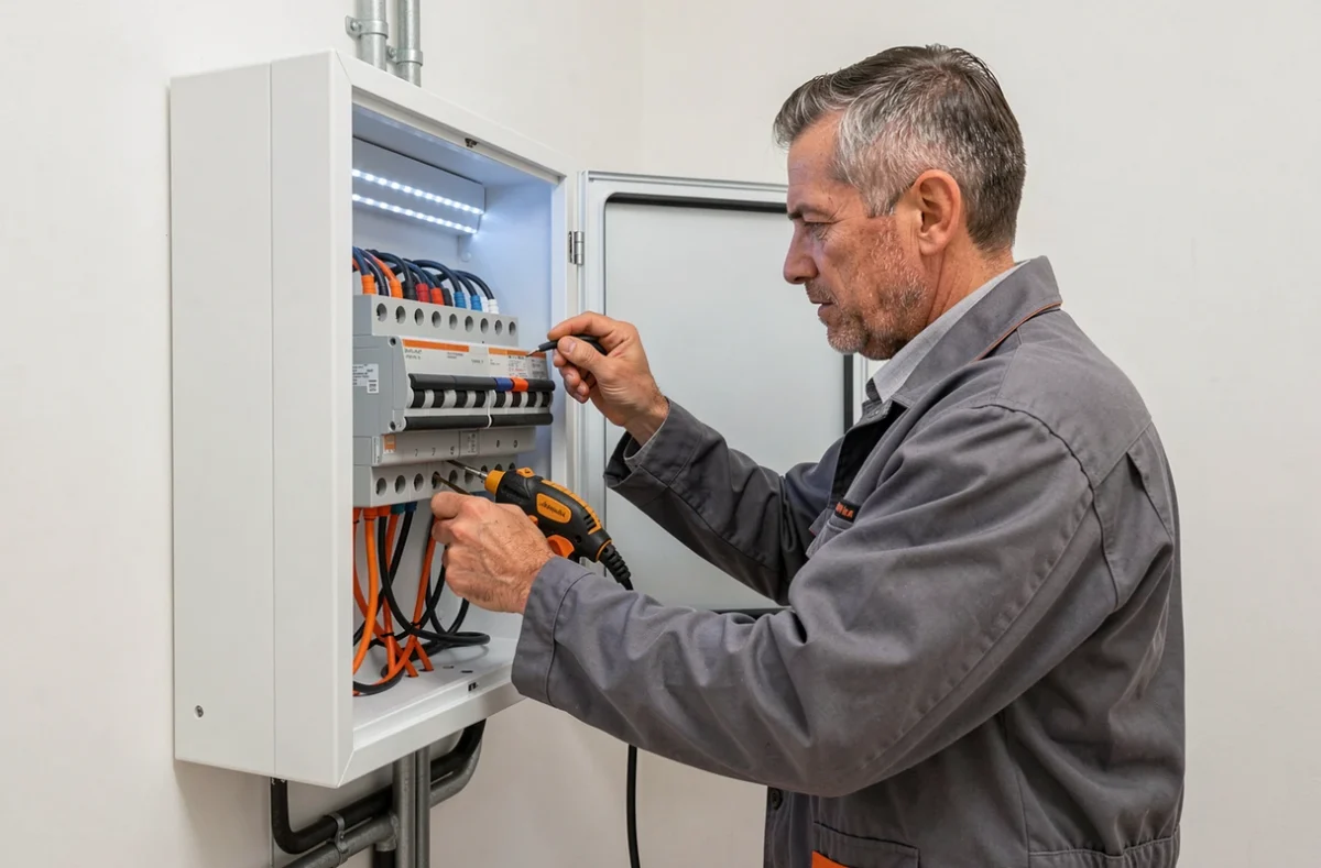 Électricien de Tec Elec Sud installant un tableau électrique intelligent et un système de gestion énergétique dans une maison rénovée de l'Hérault