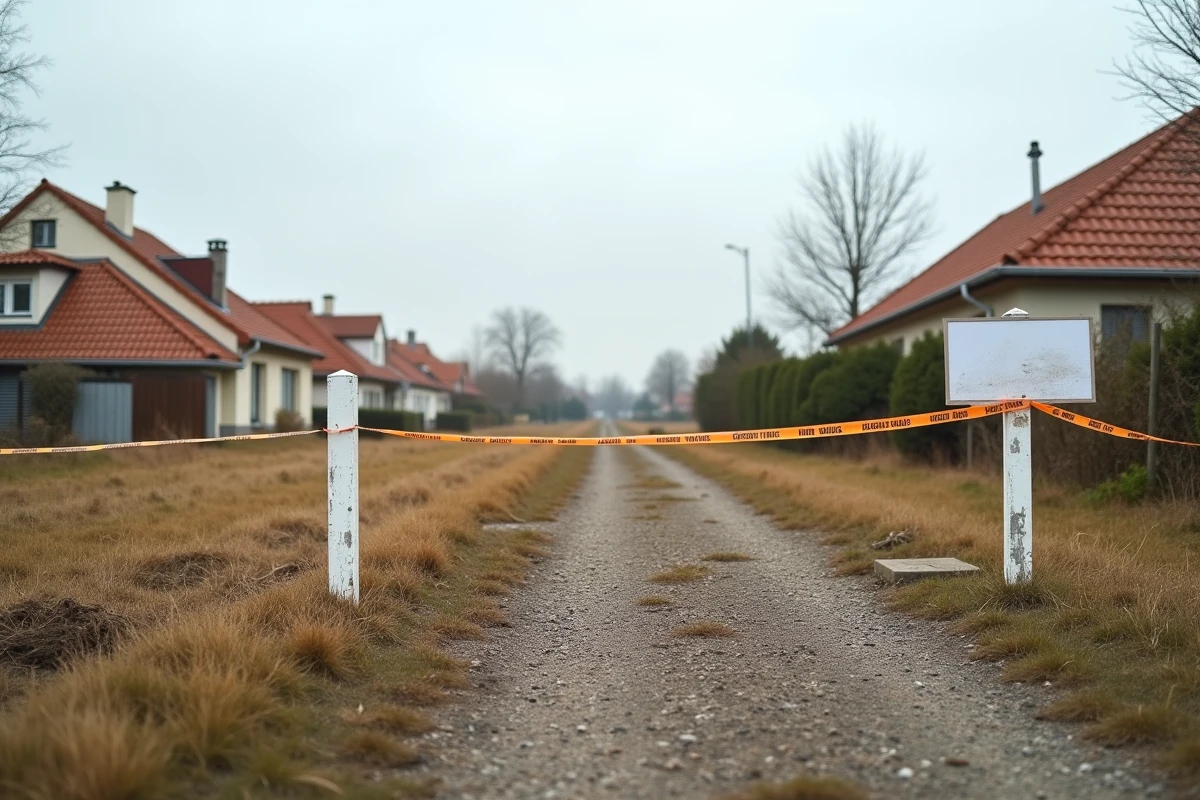 Terrain à construire délimité avec panneau de vente dans un quartier pavillonnaire français