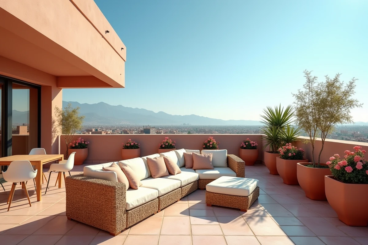 Terrasse ensoleillée d'un appartement à vendre à Marrakech avec vue panoramique sur la médina et l'Atlas