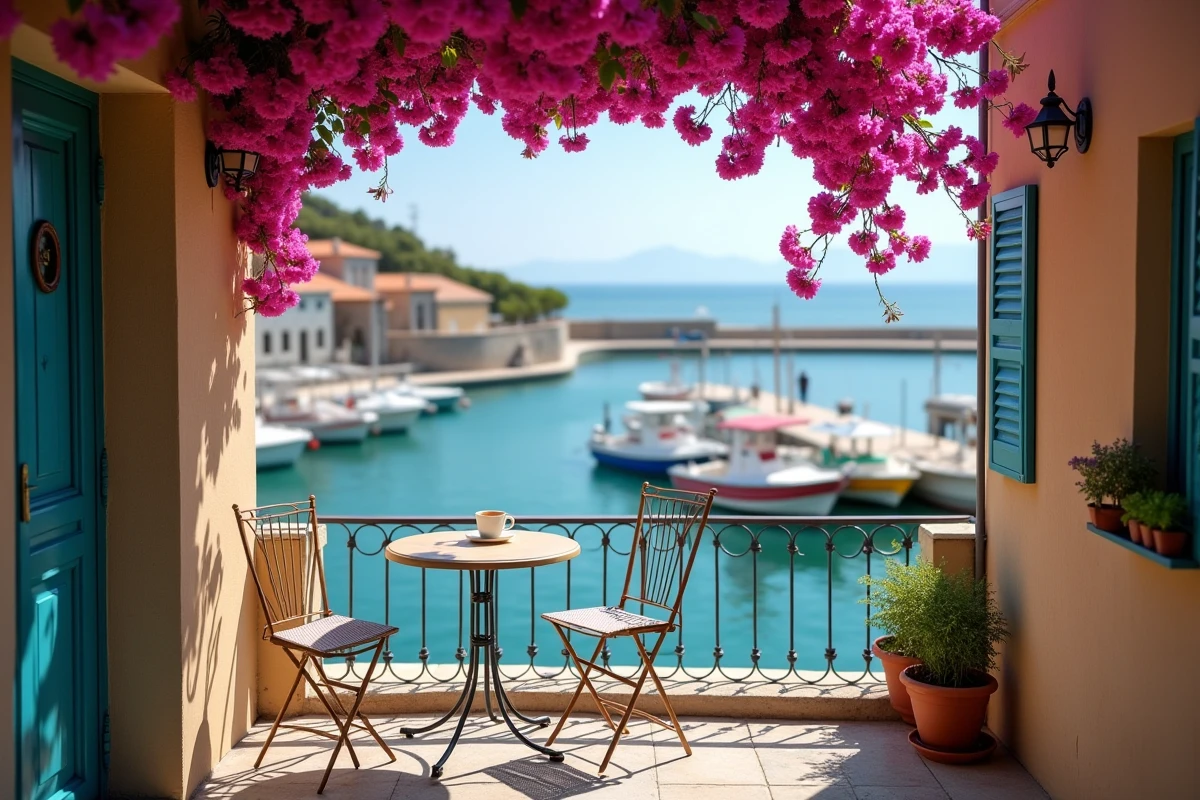 Terrasse d'une maison de pêcheur à vendre en Méditerranée avec vue sur le port et bougainvilliers
