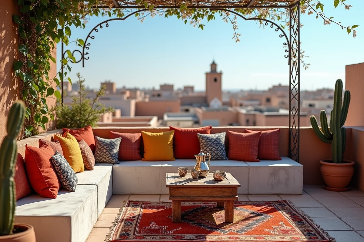 Terrasse d'un riad rénové avec vue panoramique sur les toits de la médina et salon marocain en plein air