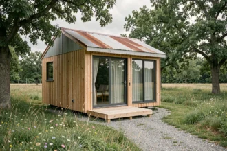 Tiny house en bois installée sur un terrain non constructible en zone rurale entourée d'herbes hautes et d'arbres