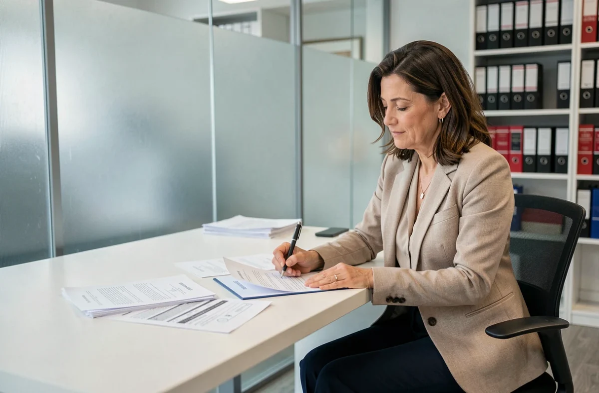 Vendeuse immobilière signant des documents notariés lors d'une transaction de vente à Limoges