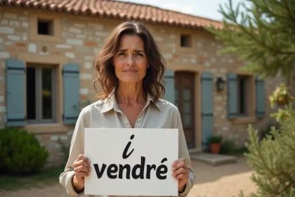 Femme stressée devant une maison en pierre à vendre dans l'Aude lors d'une vente urgente cause divorce