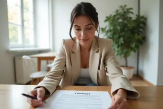 Femme vérifiant un contrat de location dans un appartement moderne du Nord-Pas-de-Calais